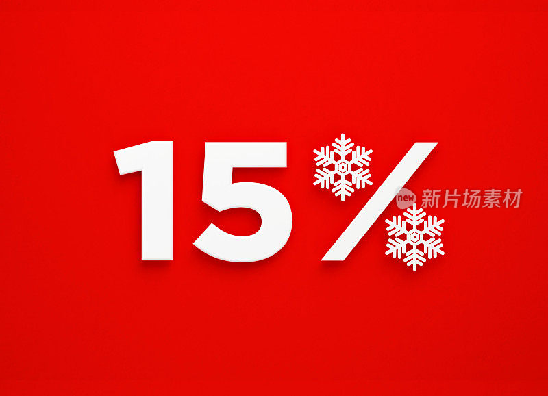 15% Off -白色雪花形成百分比标志坐在旁边的15号红色背景
